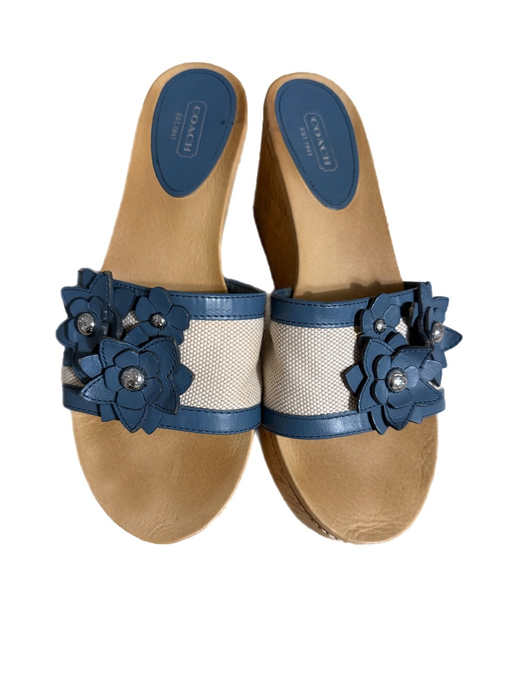 Coach Blue Floral Leather-Trim Slide Mules